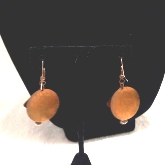 Copper Tone Double Circles W/ Blue Bead Dangle Earrings - Picture 3 of 5
